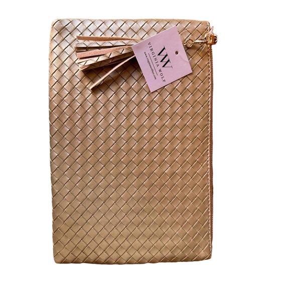 Virginia Wolf Leather Metallic Gold Woven Clutch Cosmetic Bag NWT - Picture 8 of 9